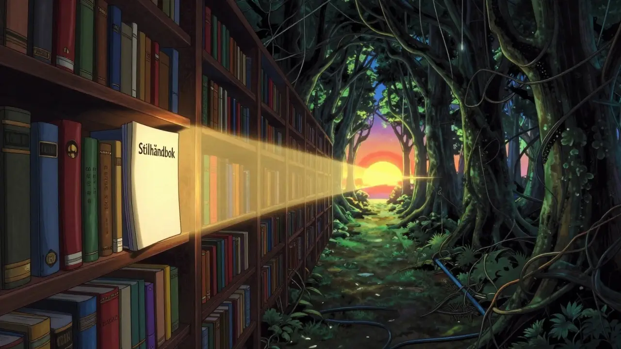 En gyllen lysbue transformerer kaotisk kode til en klar sti mot soloppgang.