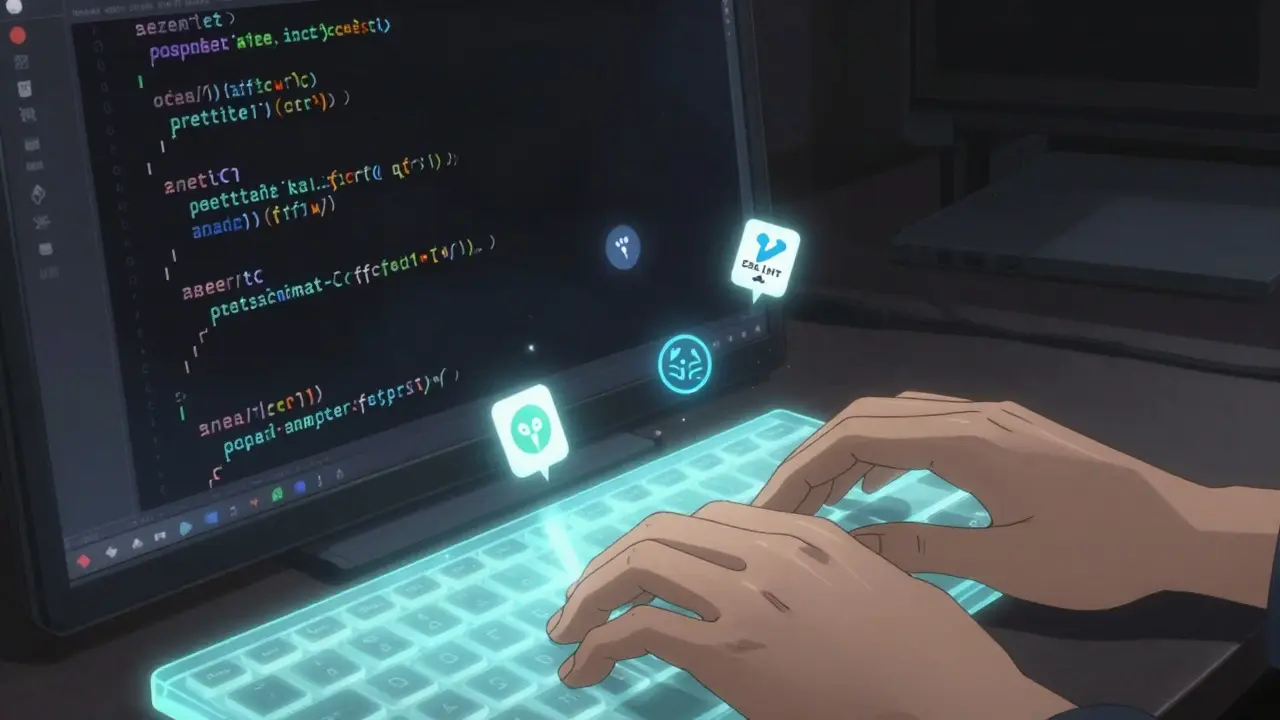 En hånd skriver kode mens automatiserte verktøy formaterer den i realtid.