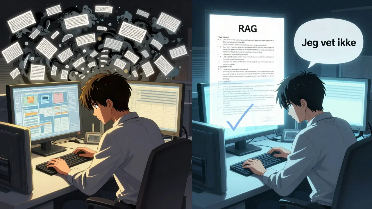 En ingeniør ser hvordan RAG-teknikk stabiliserer en forvirret AI-svar med pålitelige kilder.