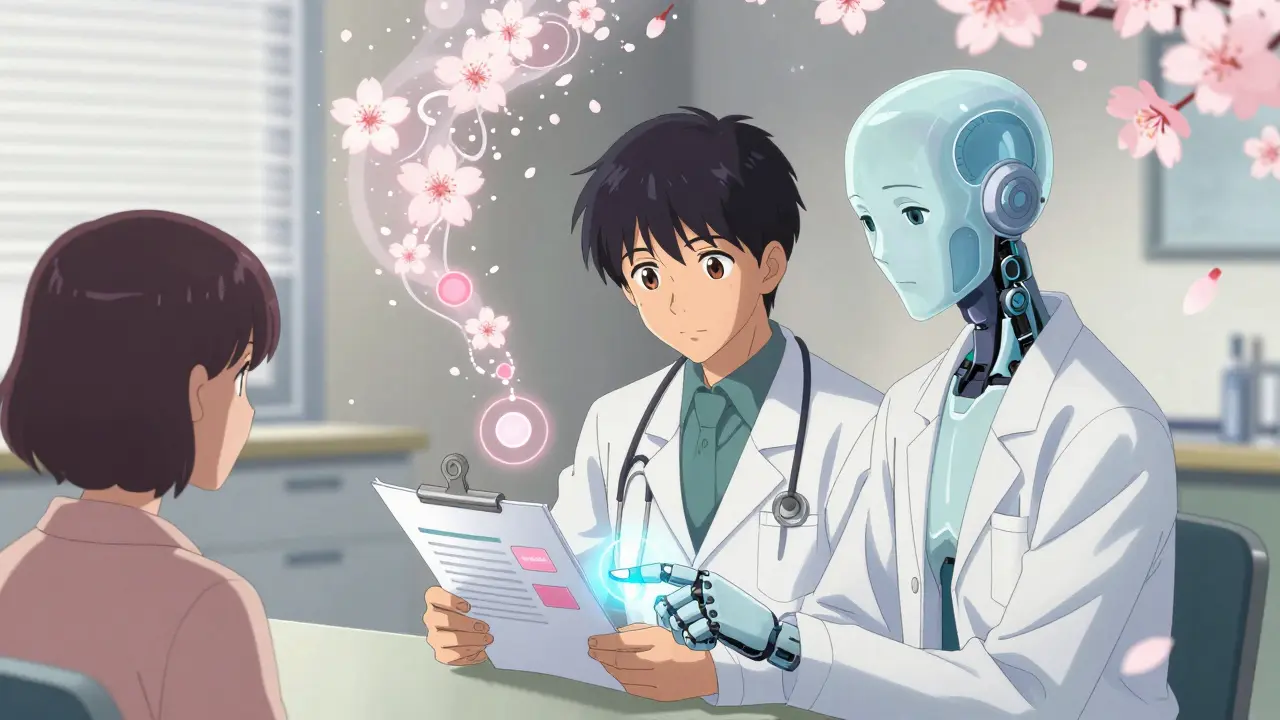 En lege og en AI ser sammen på en pasientjournal, mens AI-en venter på å si 'Jeg vet ikke'.
