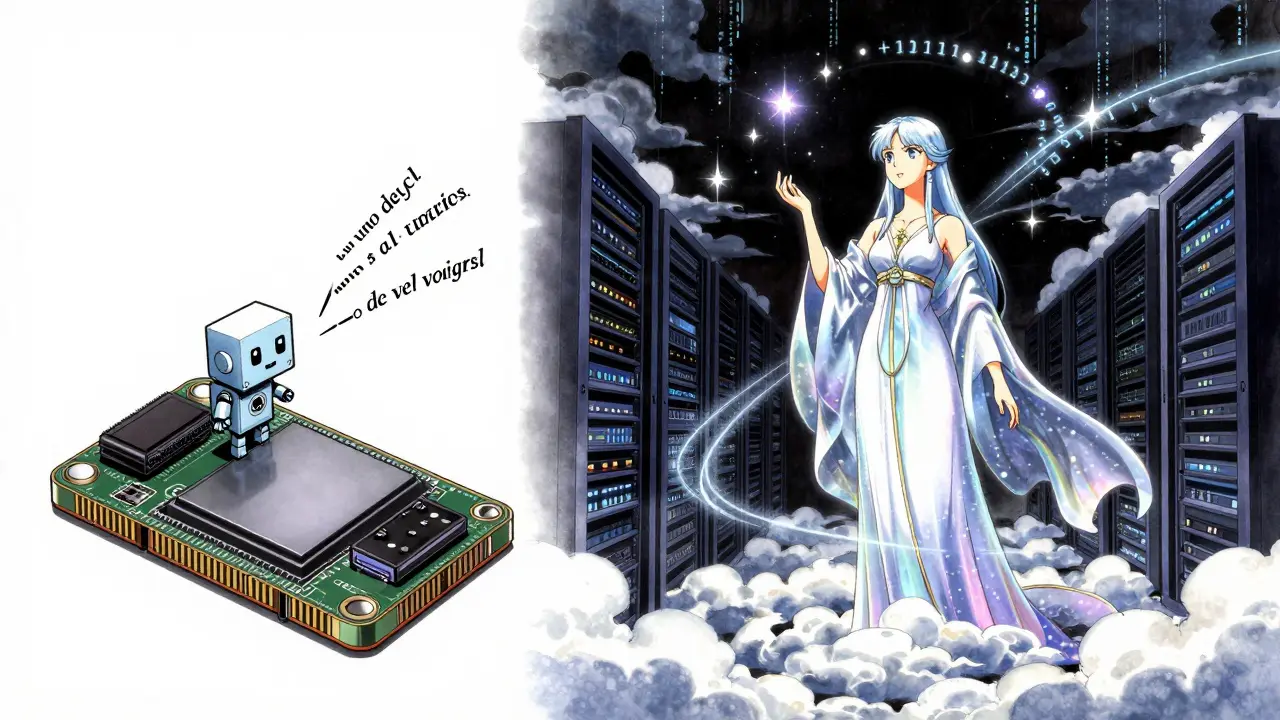 En liten enhet sender ord til en himmelsk AI i skyen for bekreftelse i anime-stil.