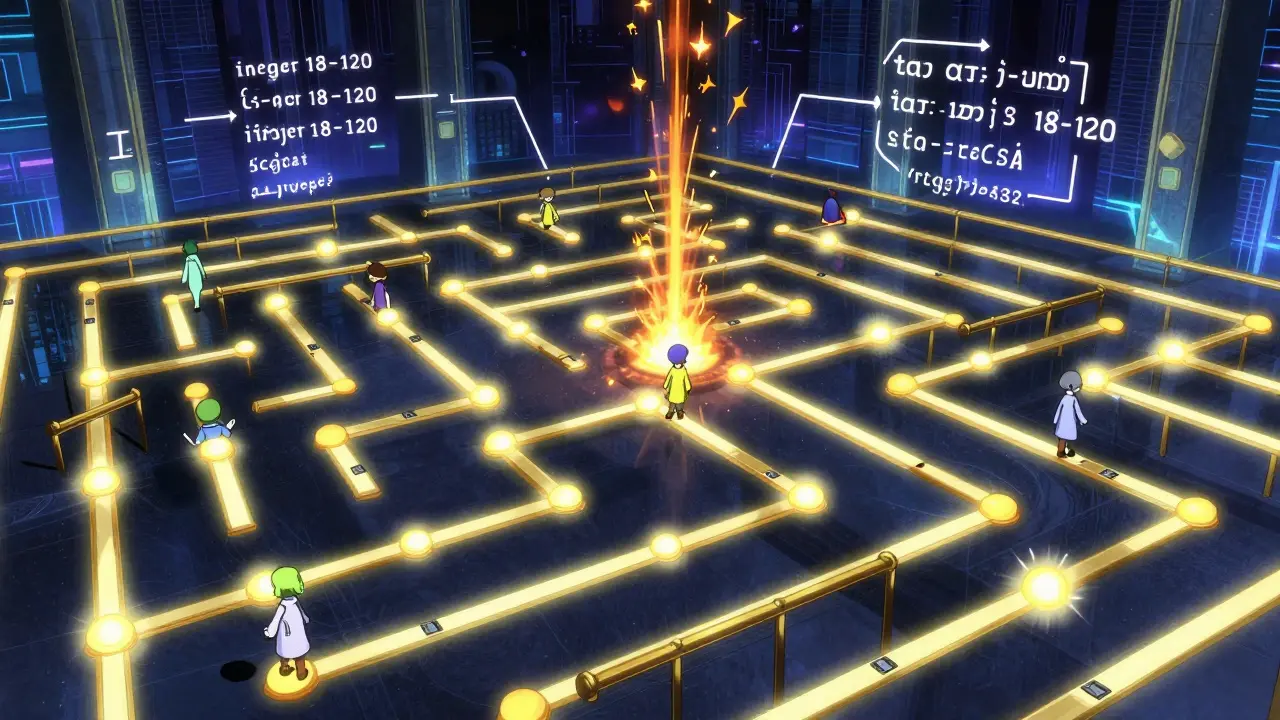 En lysende tilstandsmaskin-labyrint hvor en LLM-avatar følger bare gyldige veier med gullne barrierer.