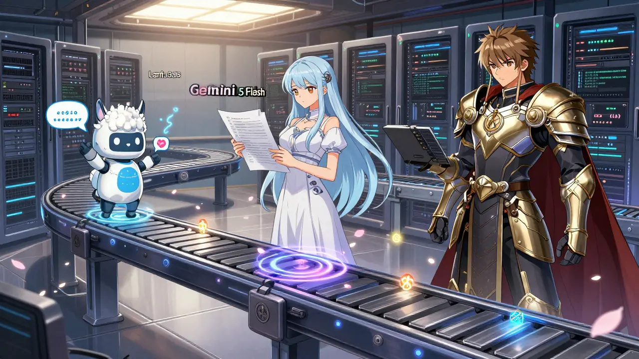 En magisk transportbånd viser fire AI-modeller som håndterer ulike oppgaver med tokenpartikler og prismerker som blomsterblad.