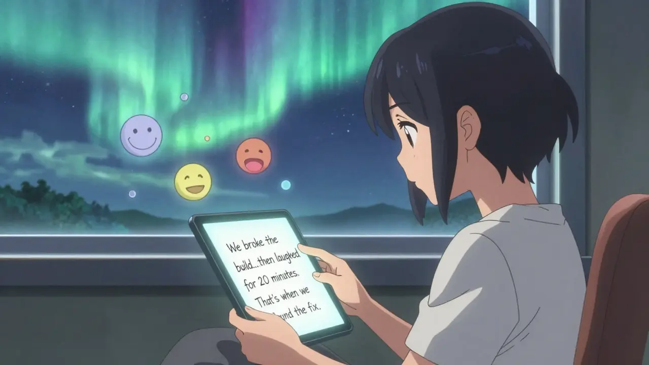 En ny medlem leser en kort, personlig post om teamets humør under en kritisk avslutning, med følelser som aurora.