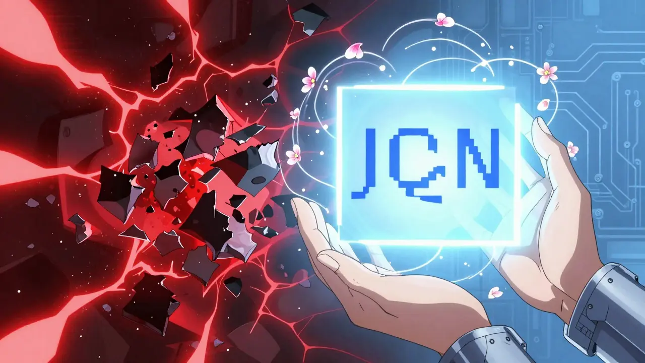 En perfekt JSON-struktur i blått lys mot en kaotisk haug av feilformede data, symbolisert av to hender.