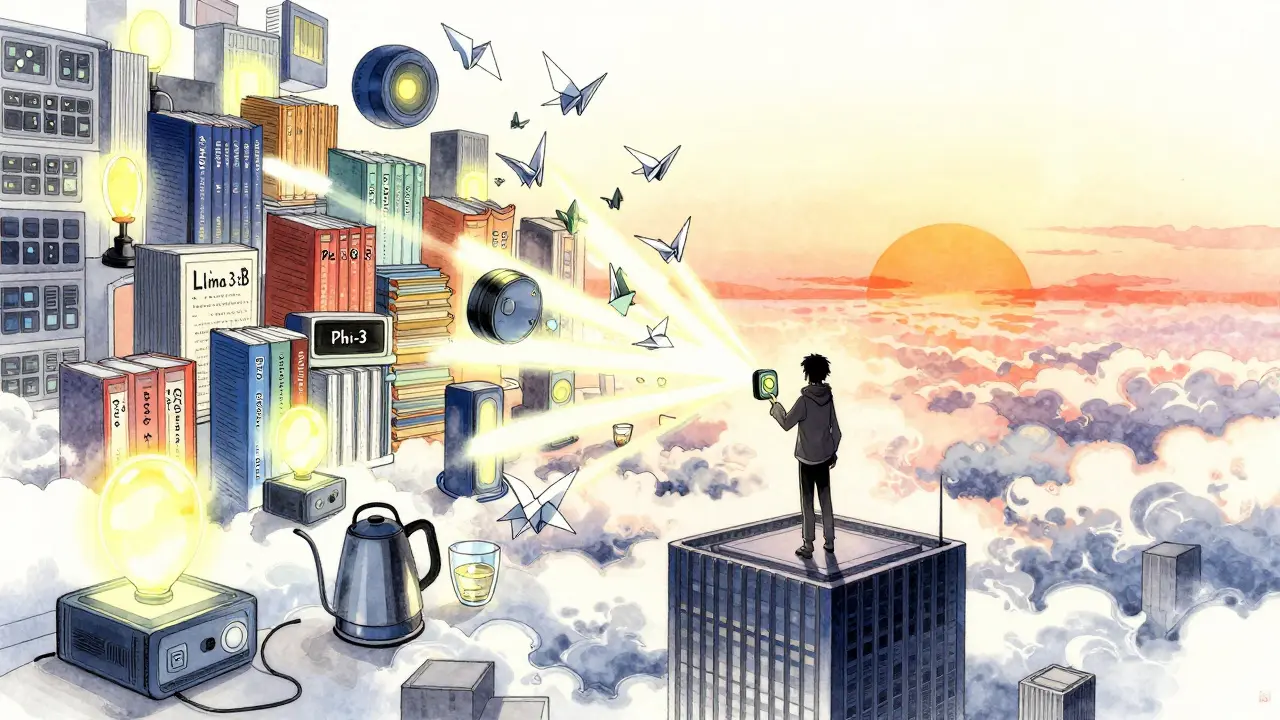 En person på et tårn som slipper komprimerte språkmodeller som papirkraner mot en soloppgang, i CLAMP-stil.