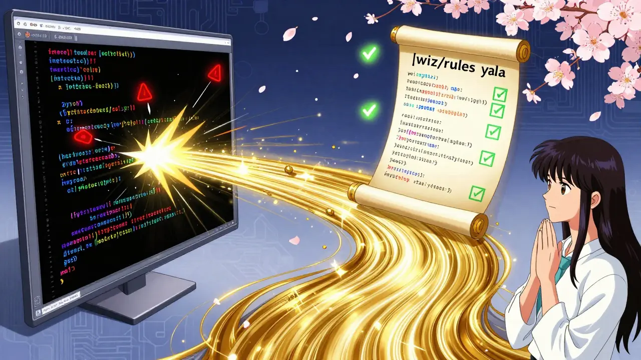 En sammenligning av kaotisk kode og strukturert kode med en YAML-regel som en heilag skrull.