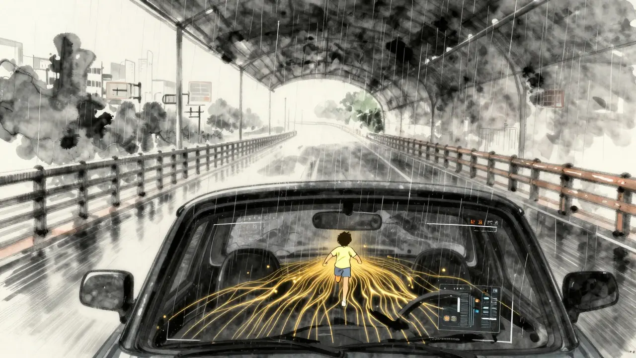 En selvkjørende bil reagerer umiddelbart på en barn i tunnelen, uten skytilkobling.