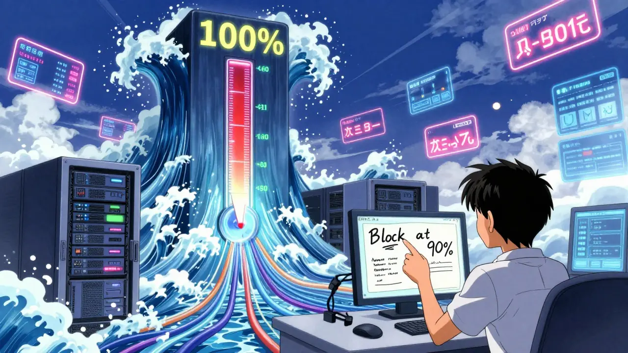 En servermeter viser 100% bruk av én kunde, mens automatiske varslinger blokkerer overbruk.