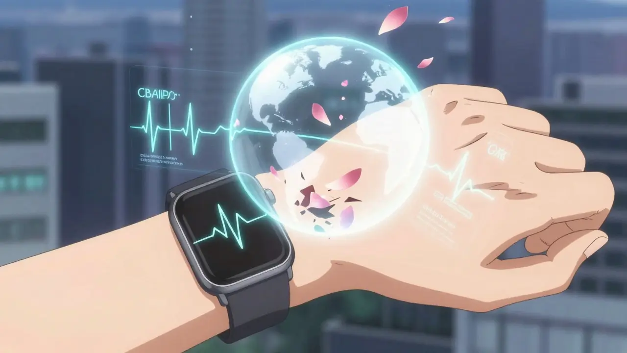 En smart armbåndsur viser helsedata i en lukket, privat hologram.