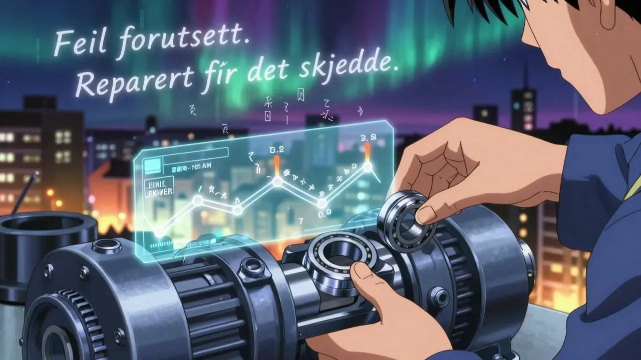 En tekniker bytter ut en bærende mens en AI-overleie viser feilhistorikk som flytende skrift i luften.