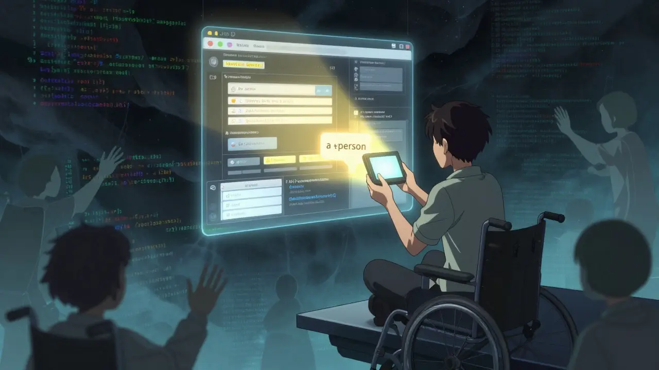 En testperson legger til en ARIA-live-tag mens AI-generert innhold forsvinner i kodestormen, og brukere med nedsatt funksjonsevne strekker seg mot lyset.
