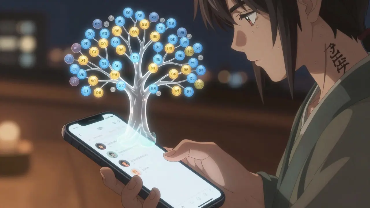 En trærlik nettverksstruktur viser ordforbedringer på en mobilskjerm med en AI-figur.