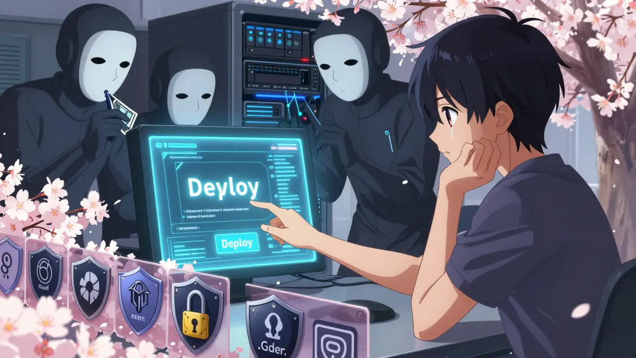 En utvikler som står foran en deploy-knapp mens AI-agenter prøver å stjele nøkler, beskyttet av en vegg av sikkerhetsymboler i CLAMP-stil.