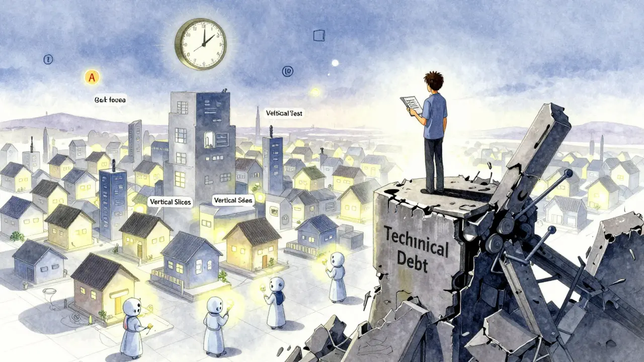 En utvikler står på en ødelagt bygning av teknisk gjeld og ser ned på en oppbygget by av små, lyse funksjoner.