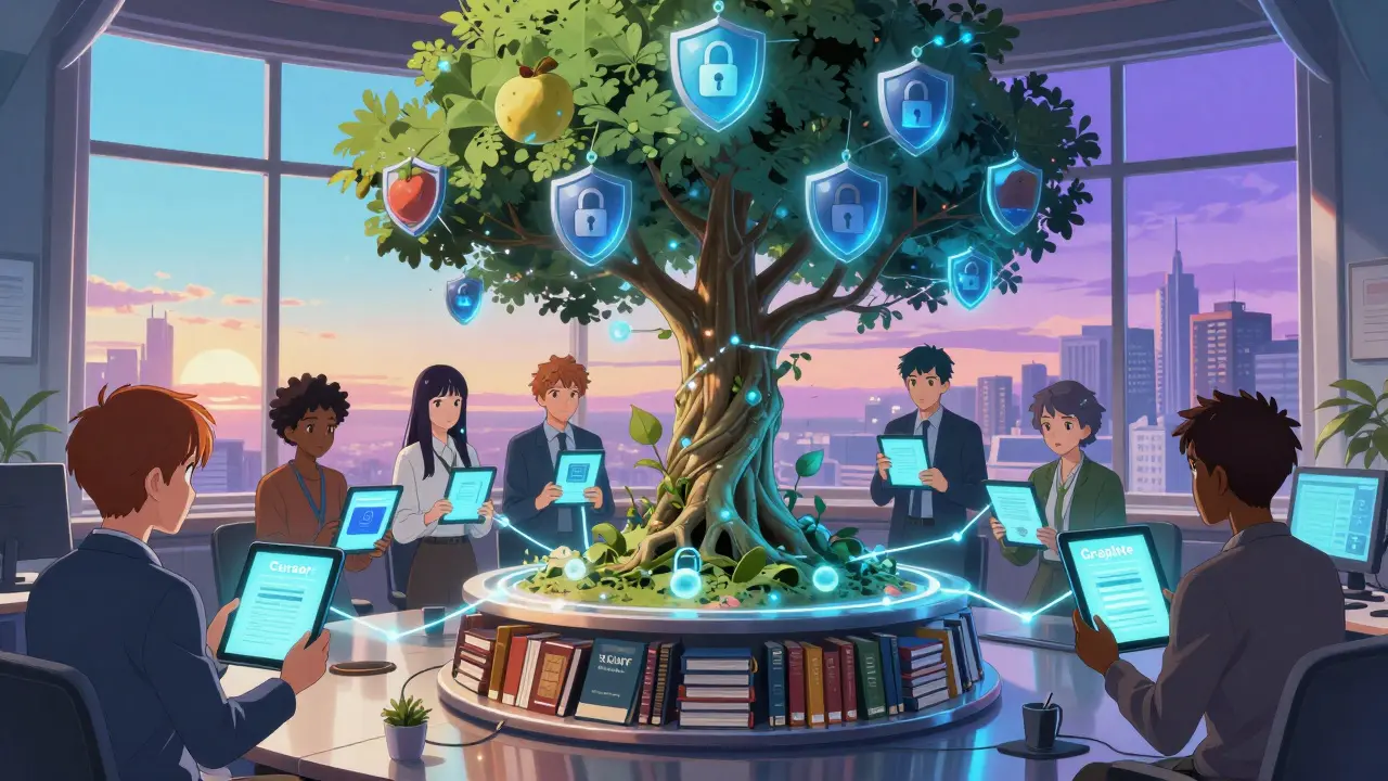 Et utviklerteam koblet til en voksende bokhylle med regler, under et nordisk solnedgangshimmel.