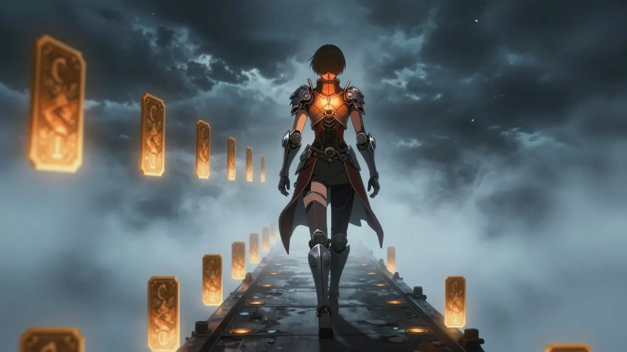 Figur som går fremover over brygge av token uten å se fremtiden