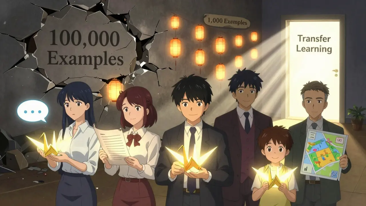 Forskjellige mennesker holder opp papirkraner som viser NLP-applikasjoner, mens en vegg med gamle begrensninger bruser ned.