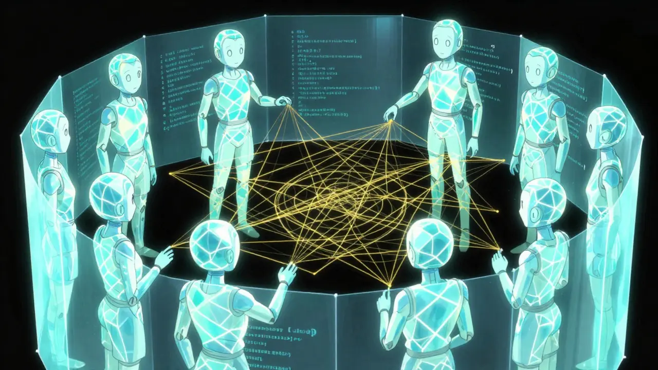 Lysende autonome agenter som vever kode-tråder omgitt av et sikkerhetsskjold.