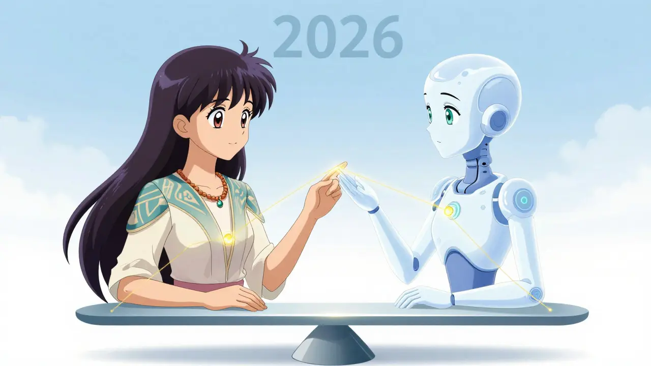 Samarbeid mellom menneske og AI med gylne tråder i lys fremtid.