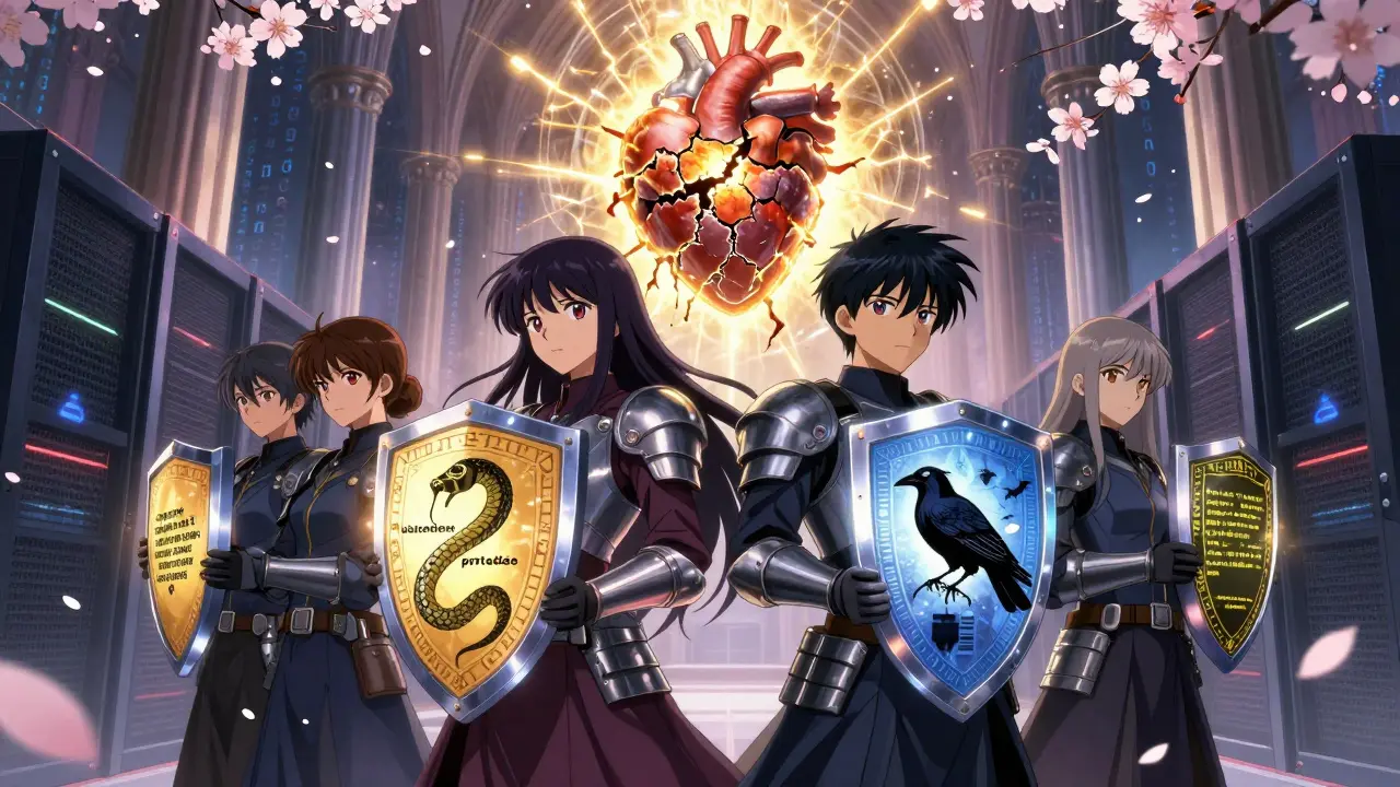 Sikkerhetsanalytikere beskytter en sårbar AI-kjerne mot angrep i form av slanger og kråker, i en kirkeaktig serverrom med lys og symboler.