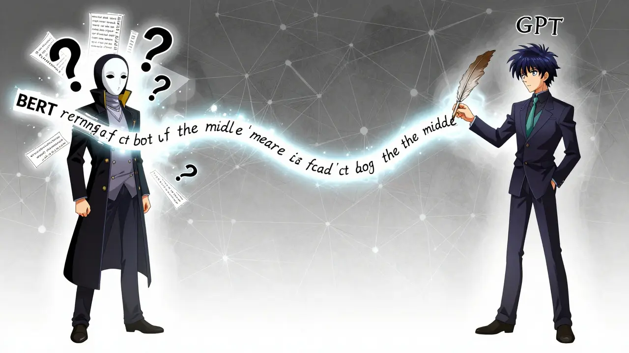 To animefigurer — en med maske og en med penn — arbeider med å gjenopprette eller forutsi ord i en flytende setning.