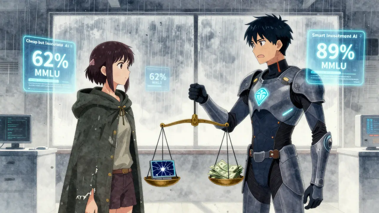 To karakterer står i konfrontasjon – en billig og feilaktig AI mot en smart og presis AI – med en vekt som balanserer kostnader og feil.