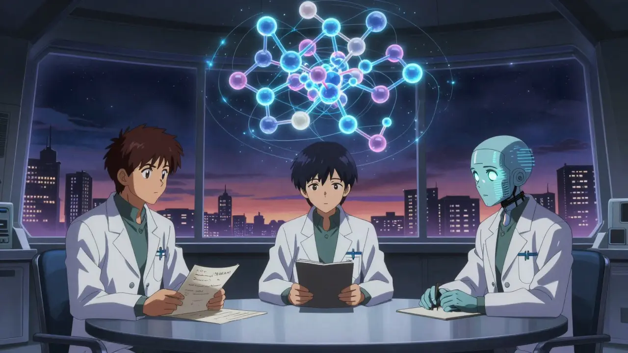 Tre forskere, menneske og AI, ser på en ny molekylstruktur i en stjerneskinnende forskningsrom, anime-stil.