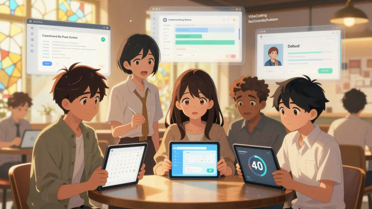 Tre mennesker fra ulike yrker ser på sine AI-genererte apper i et lyse, magisk kafé med flytende grensesnitt.