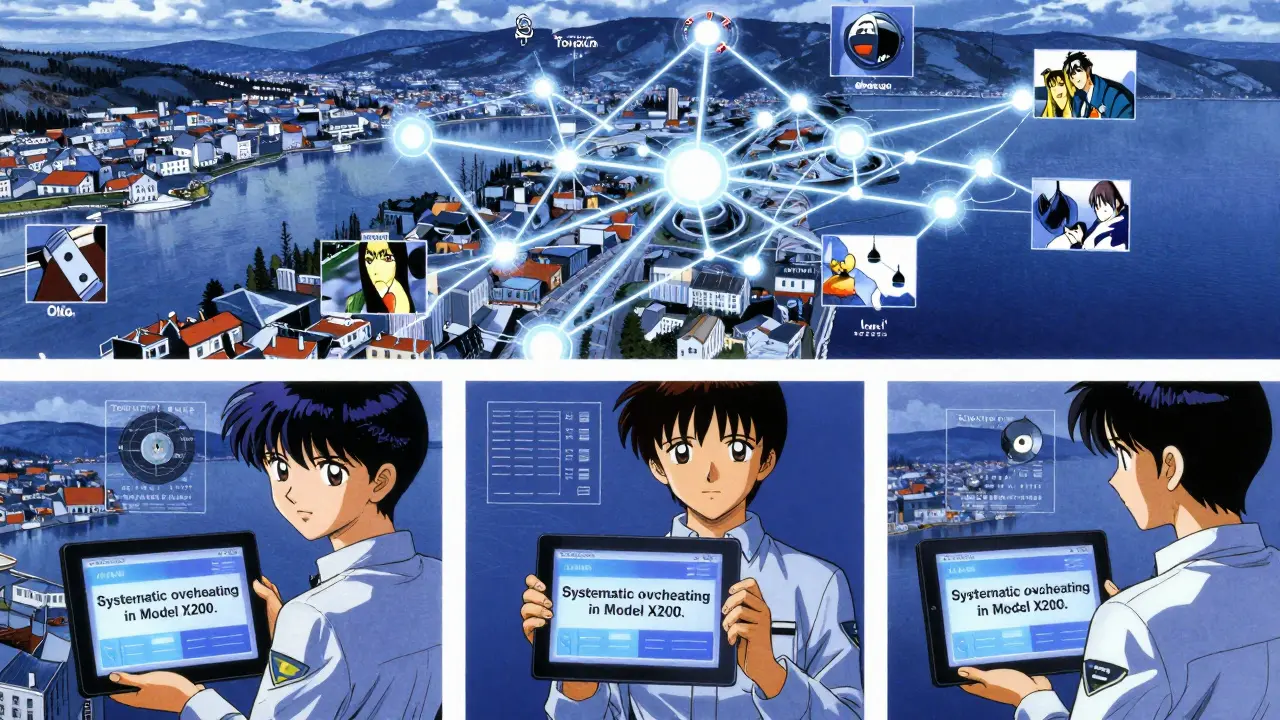 Tre teknikere i ulike norske byer ser samme AI-anbefaling på skjermene sine, forbundet av et nett av datastrømmer.