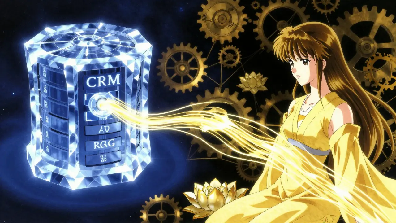 Abstrakt fremstilling av dataflyt mellom CRM og AI med lysende tråder.