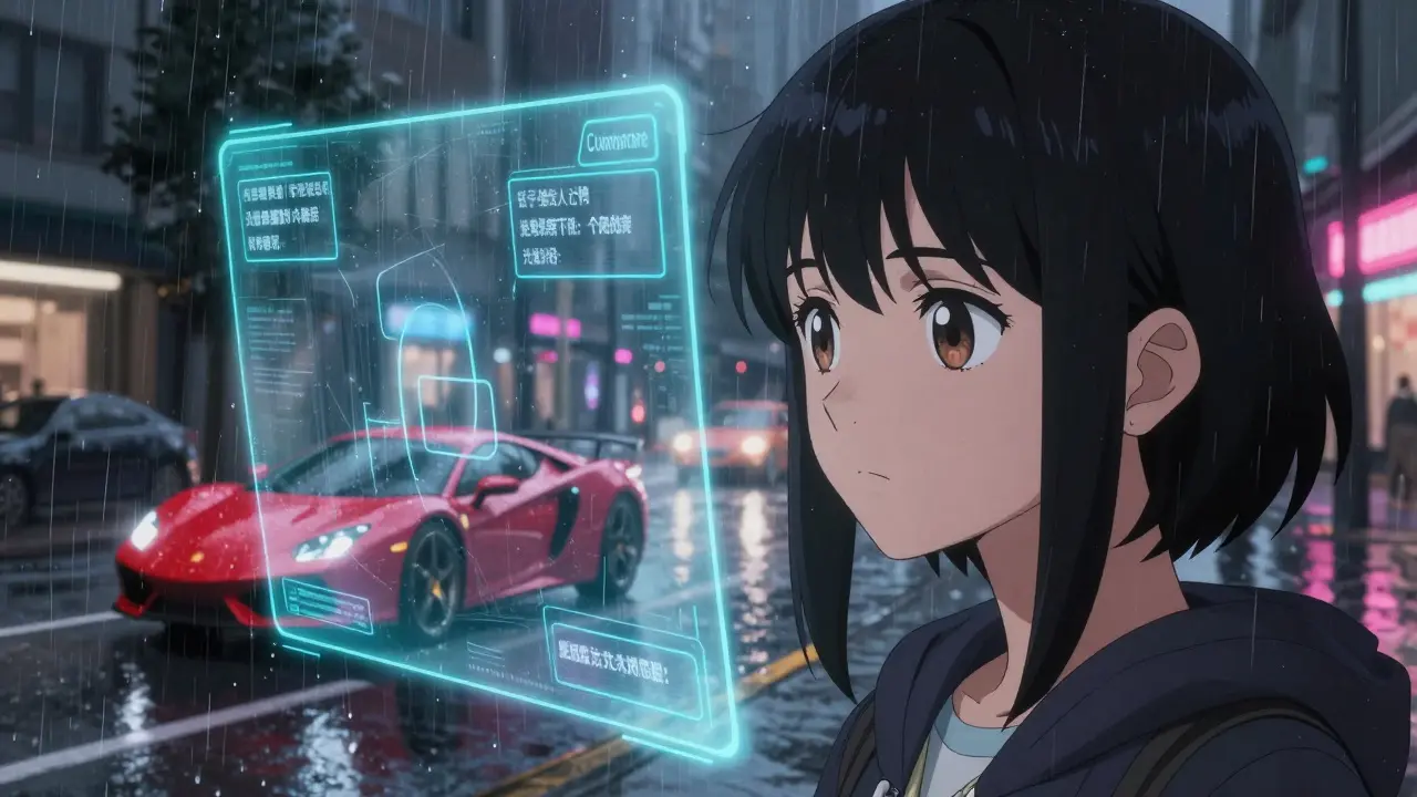 AI-assistent som ser verden gjennom et holografisk grensesnitt i en regnfull by.