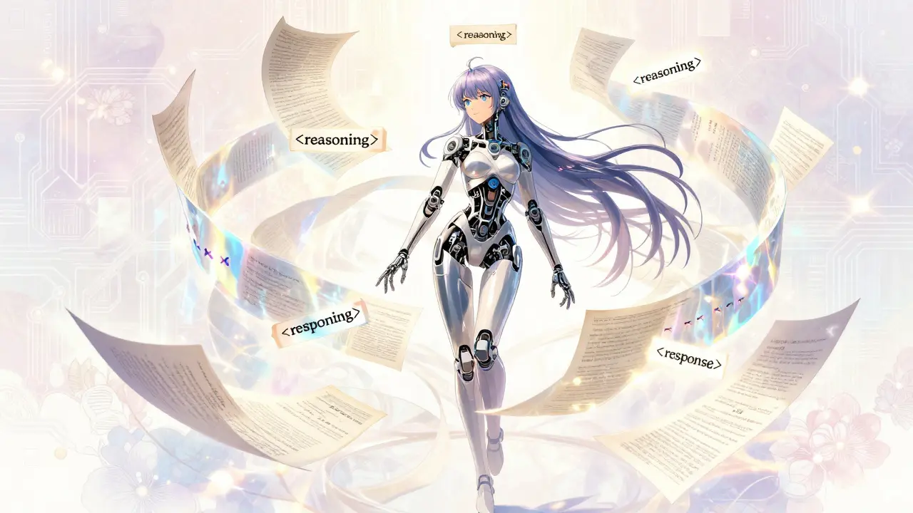 Android figur omgitt av lysende XML-tagger og resonneringsstrømmer i anime-stil.