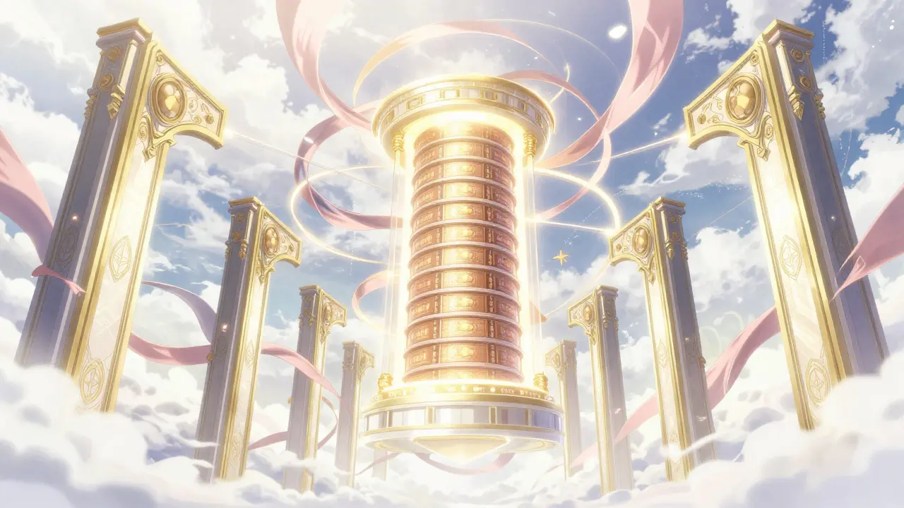 Digitalt lys som bygger API-porter koblet til en sentral databasekjerne i anime-stil.