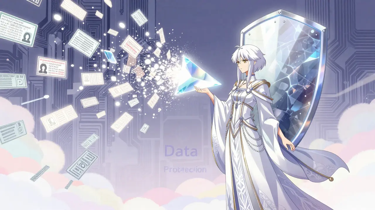 Elegant figur i anime-stil som bruker et krystallfilter for å stoppe datalekkasjer.