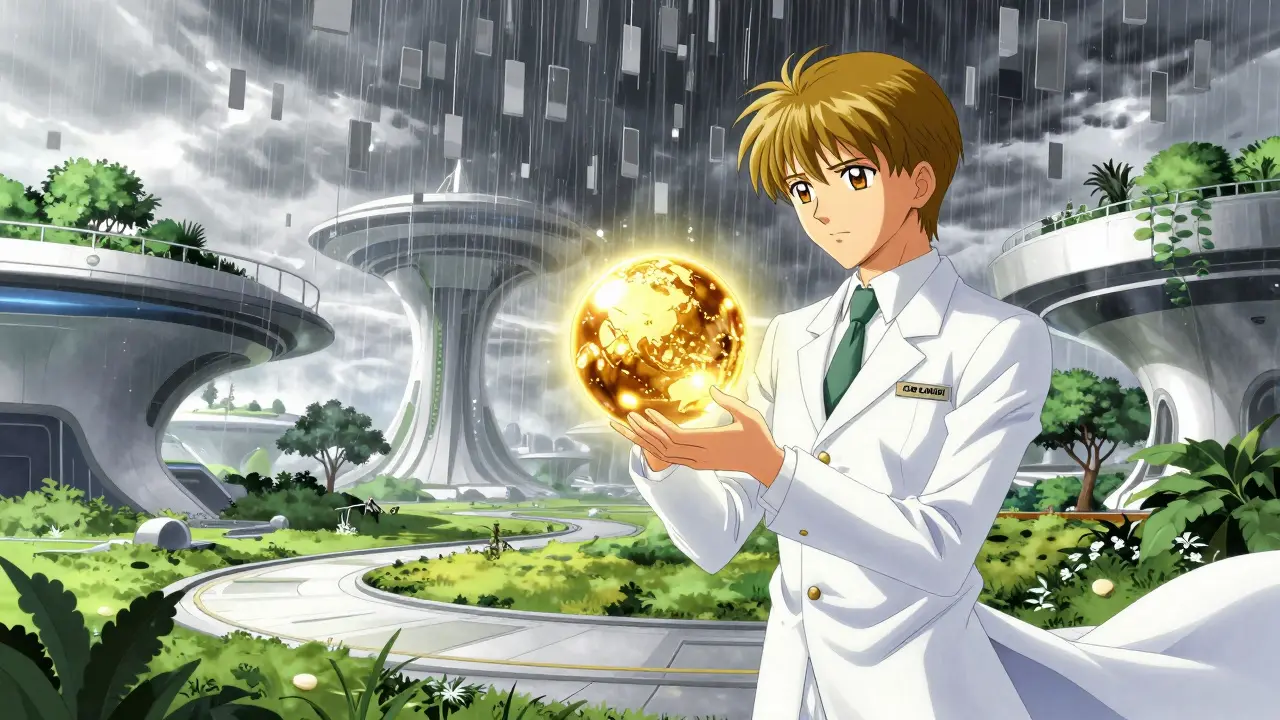 Elegant ingeniør som skaper et gyllent, rent datasett for AI-testing i en futuristisk hage.