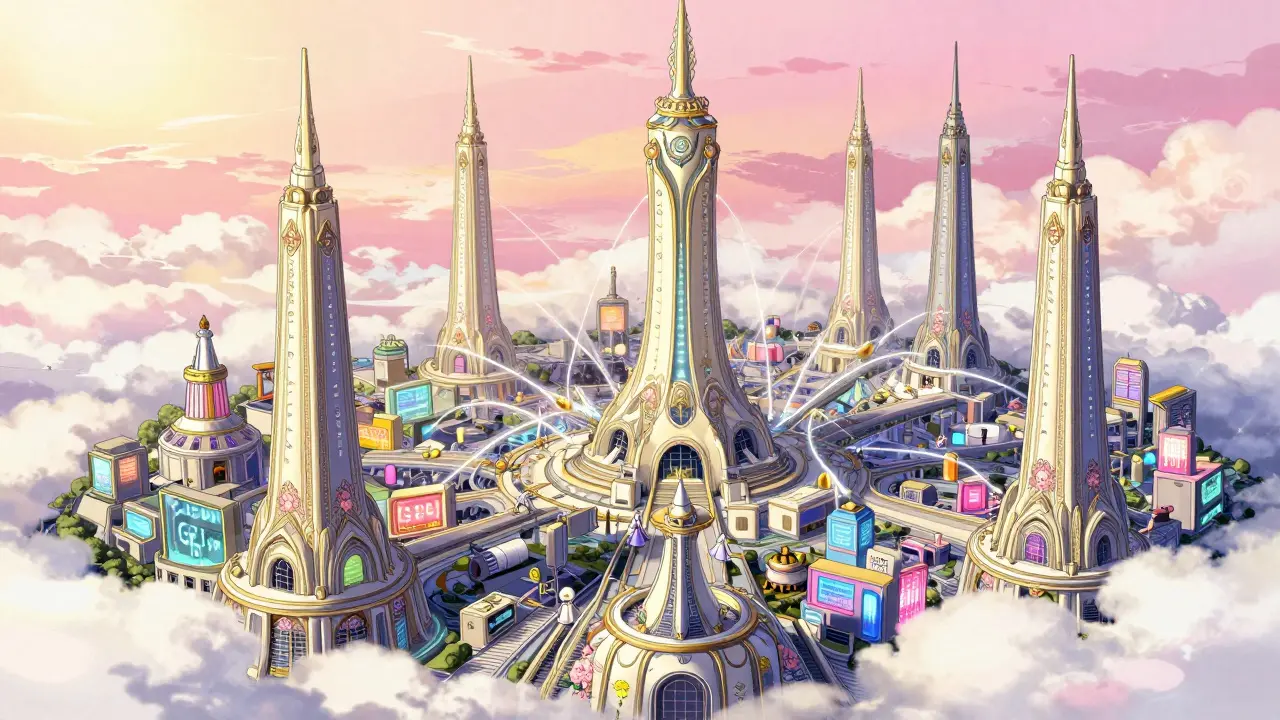 En futuristisk by som kombinerer TPU-spir og GPU-distrikter med lysende fiberoptikk.