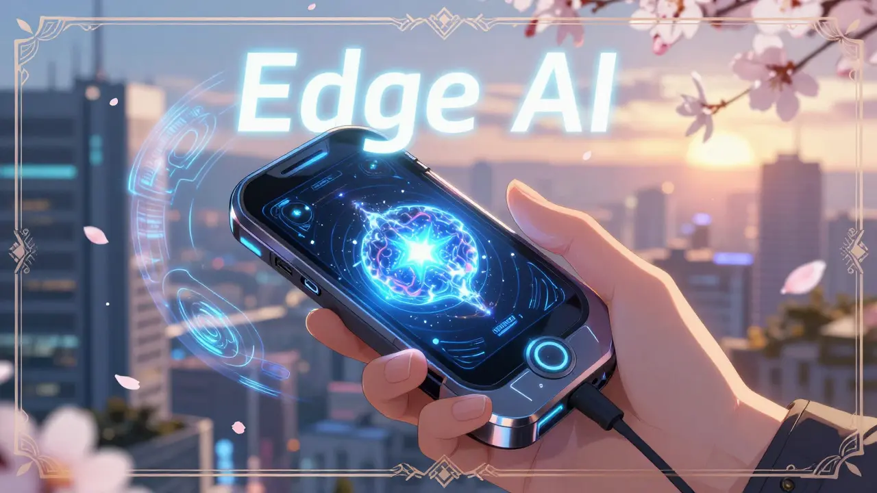 En futuristisk håndholdt enhet med en glødende kjerne av intelligens i en moderne by.