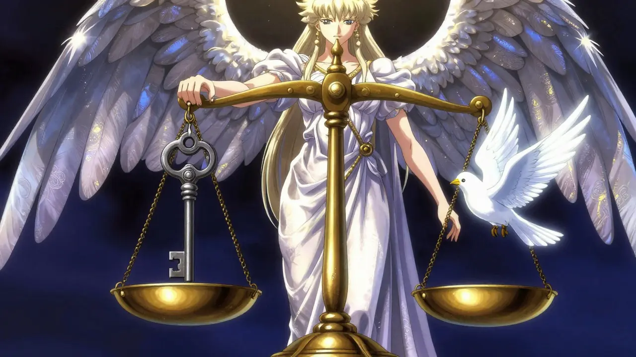 En himmelsk skikkelse med en vekt som balanserer en nøkkel og en hvit fugl.