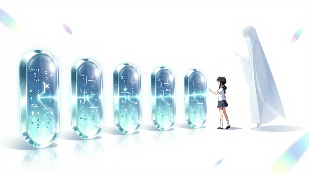 En liten AI-figur som følger lysende resonneringssteg på svevende krystallplater.