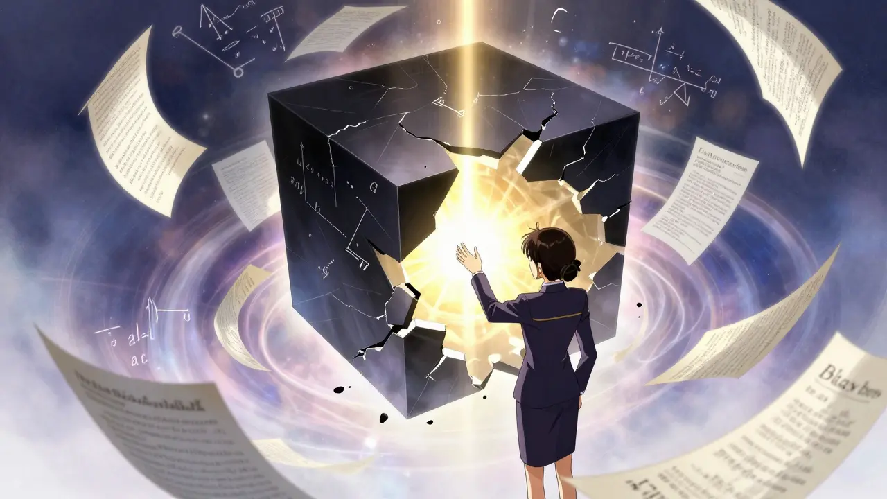 En revisor som avdekker sannheten bak en AI-black box med gyllent lys.