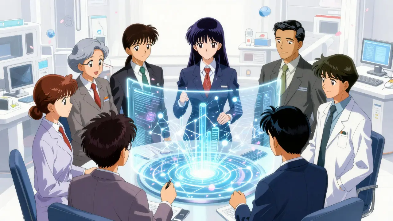 Et tverrfaglig team som analyserer AI-data i et futuristisk laboratorium.