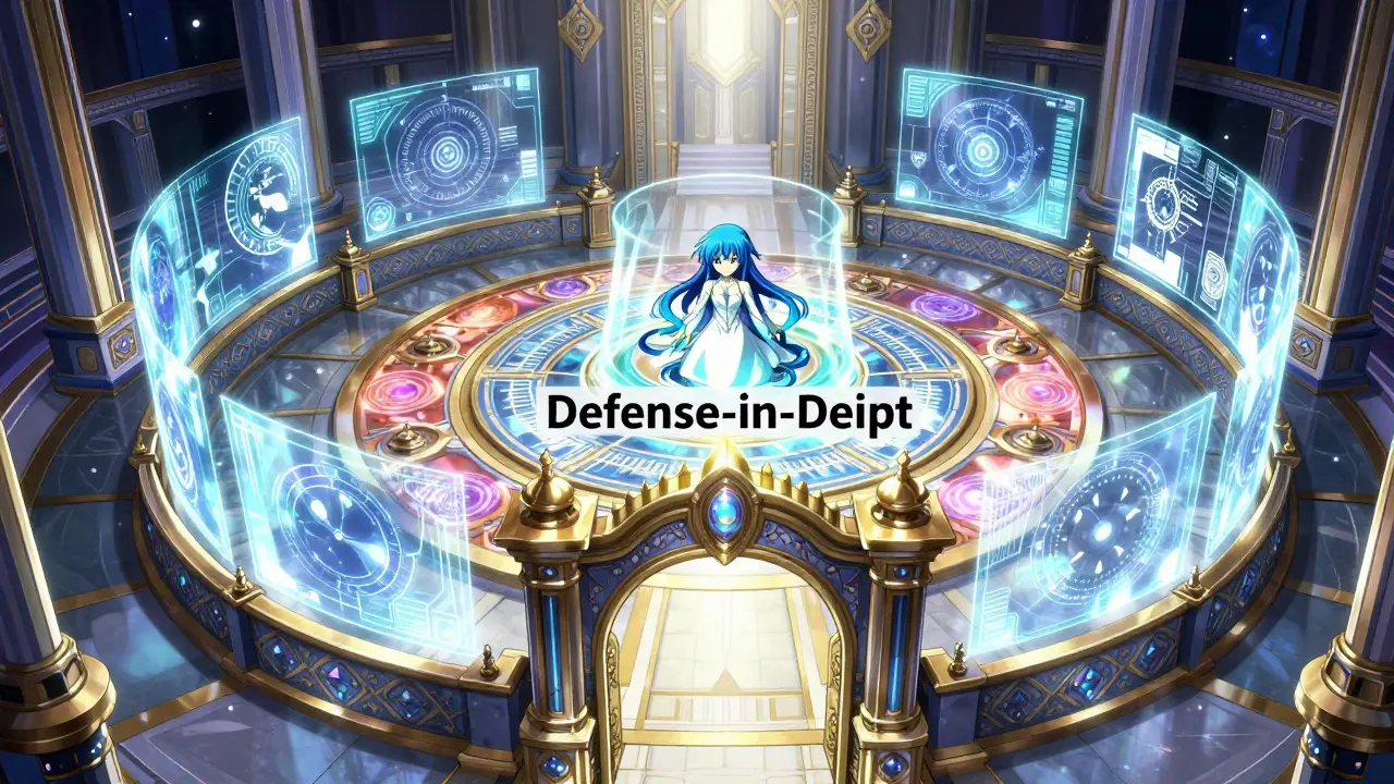 Flere lag med beskyttende hologrammer og magiske segl rundt en AI-enhet.