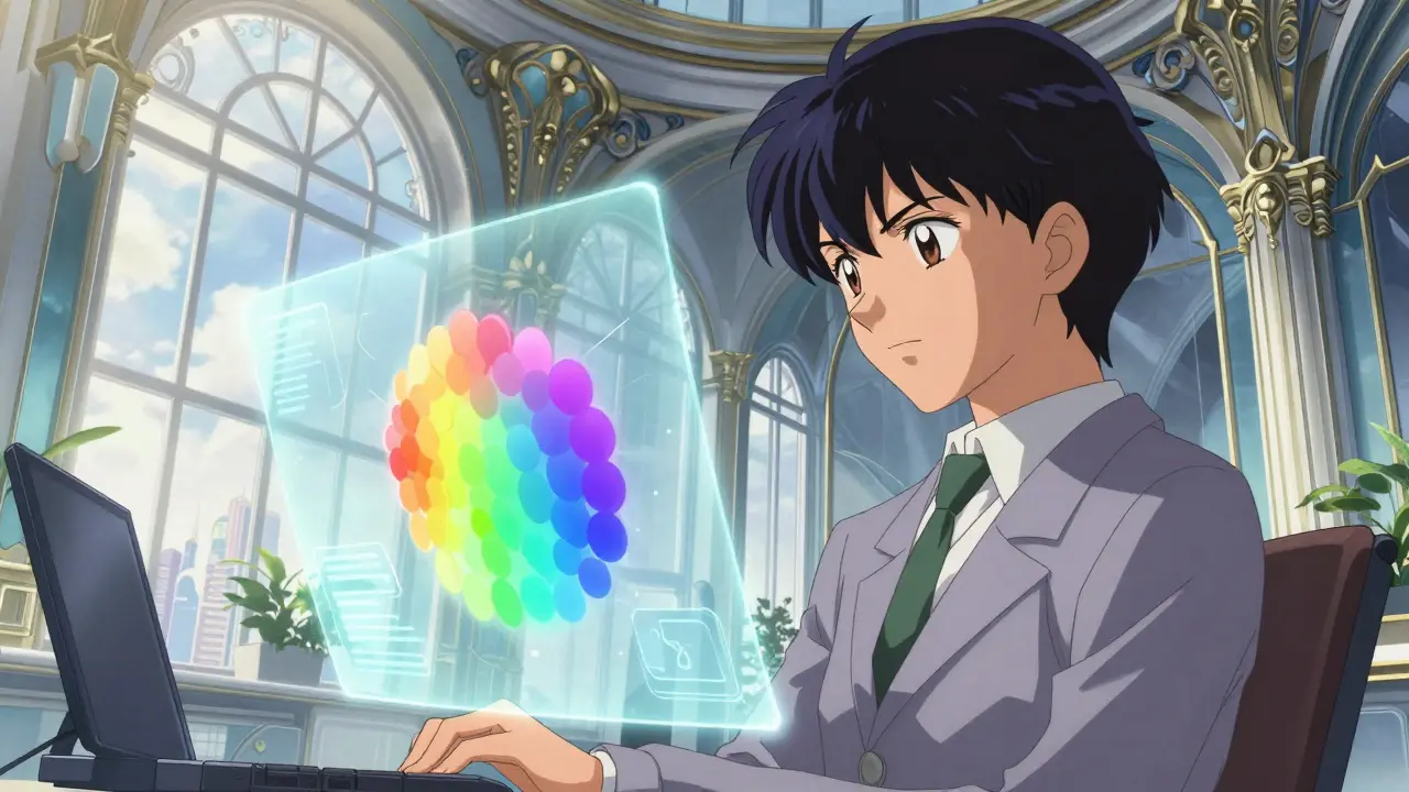 Futuristisk kontor med holografisk sentimentanalyse i detaljert anime-stil.