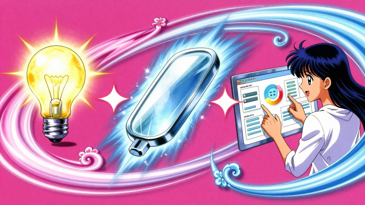 Iterativ prosess fra idé til prototype og brukertilbakemelding i elegant anime-stil.