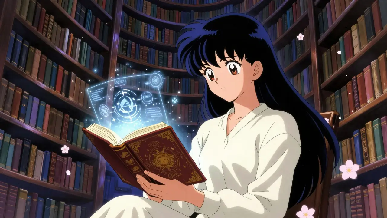 Karakter i et kosmisk bibliotek som bruker en bok for å verifisere informasjon.