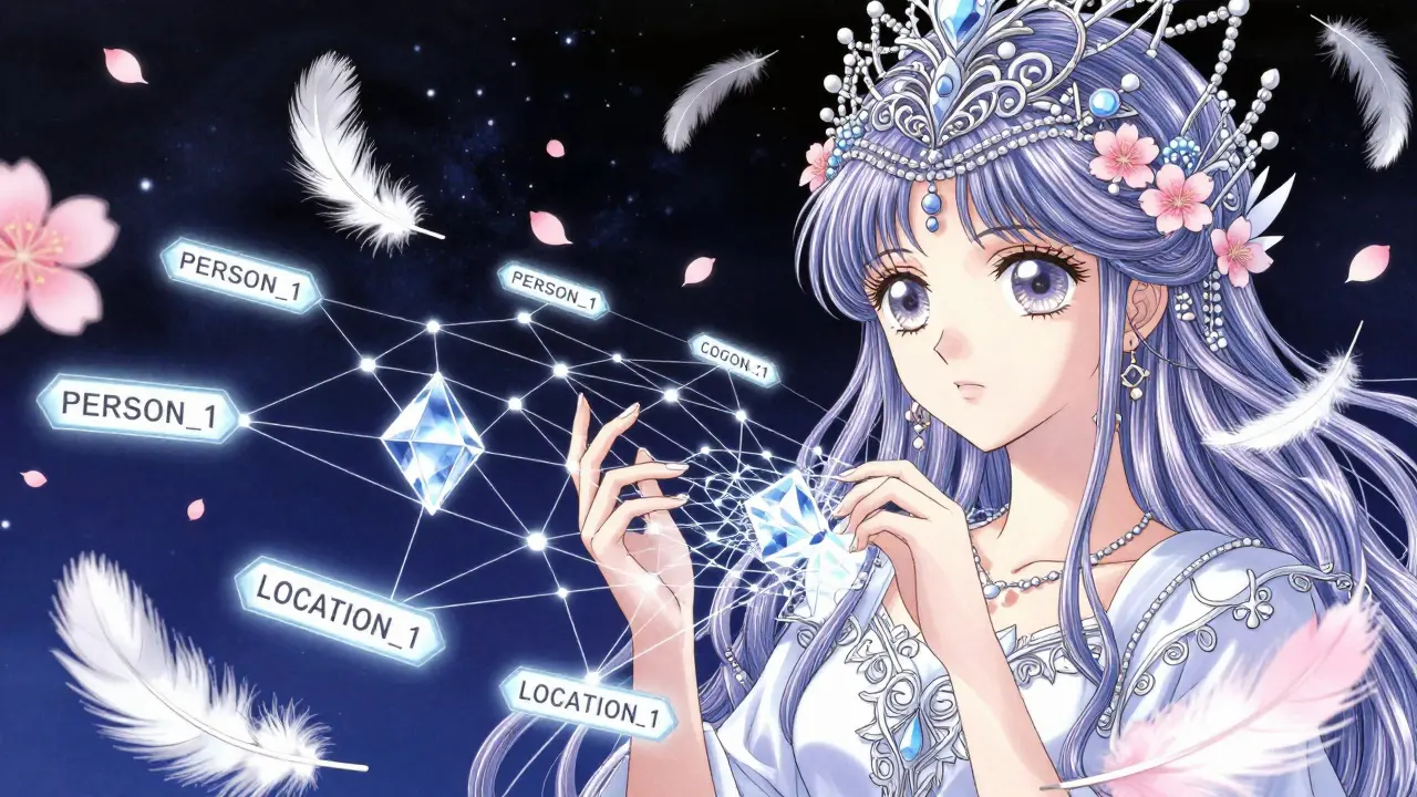 Karakter som vever digitale tråder og erstatter navn med krystall-etiketter.