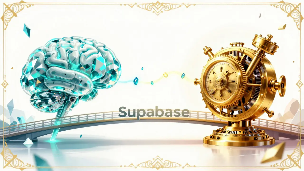 Konseptuell illustrasjon av koblingen mellom Supabase og Stripe med lysende datastrømmer.