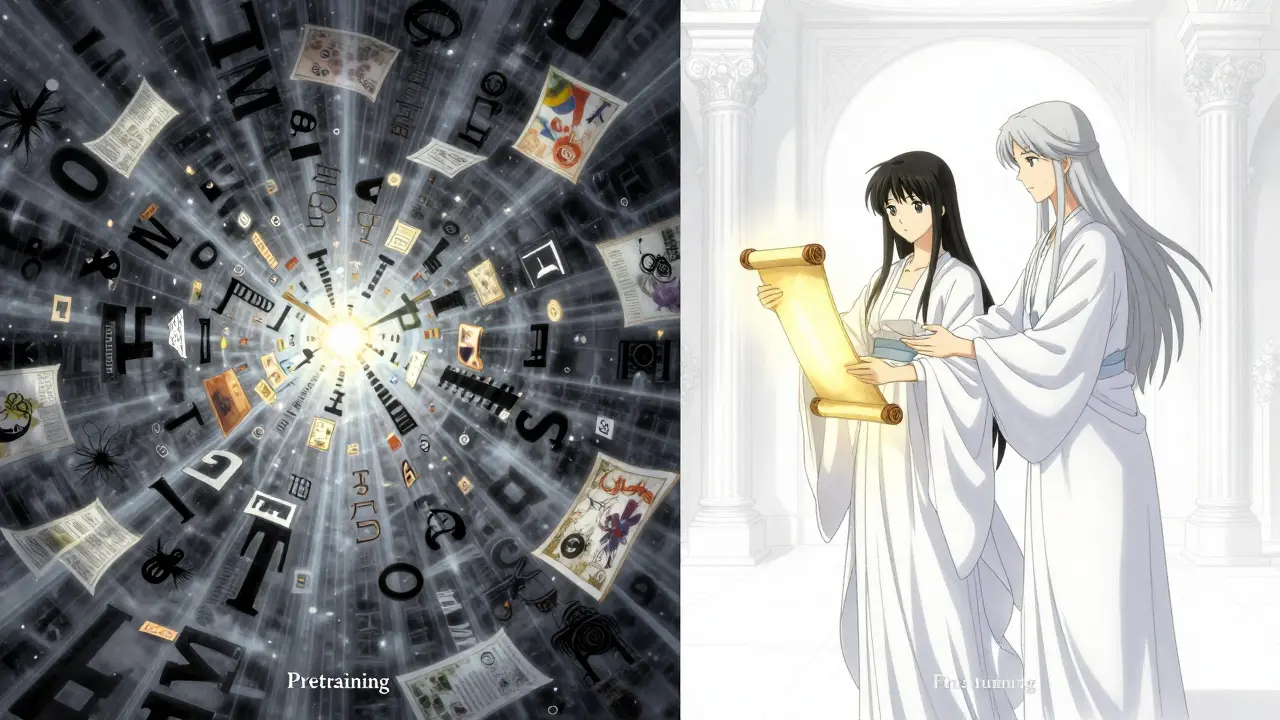 Kontrast mellom kaotisk pretraining og raffinert finjustering i anime-stil.