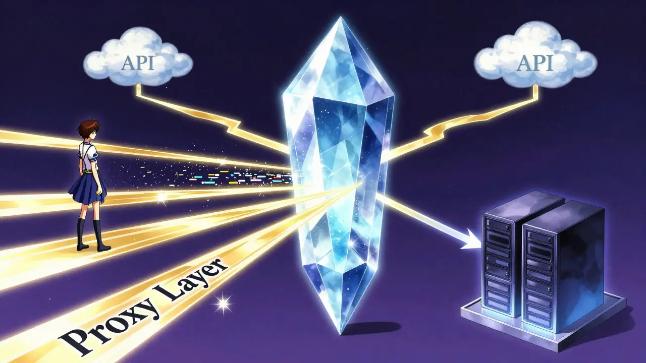 Krystallinsk prisme som fungerer som et proxy-lag for AI-dataflyt.